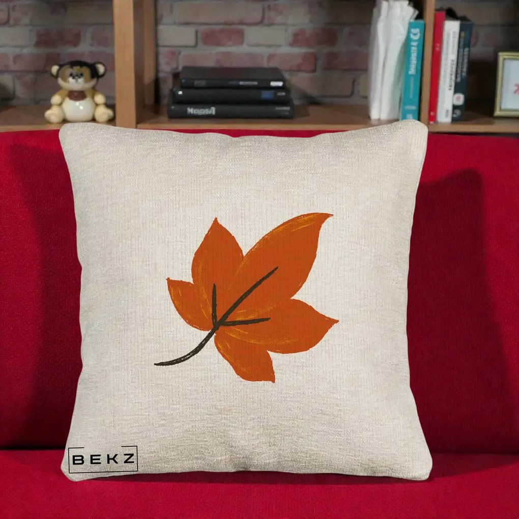 Perna Decorativa Frunza de Toamna Portocalie, 40x40 cm, Bej Canapea, Husa Detasabila, Perna Inclusa, BEKZ®