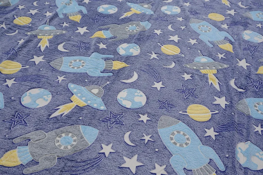 Patura fosforescenta microflanel COMET AND ROCKET 150x200 cm albastru-gri