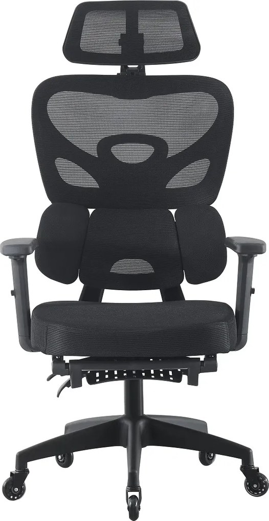 Scaun ergonomic, Suport Lombar 3 Zone Dinamice, Spătar ajustabil pe inaltime, cotiere 3D, tetiera 3D, suport pentru picioare, umeras, pivotant, Mesh, Negru