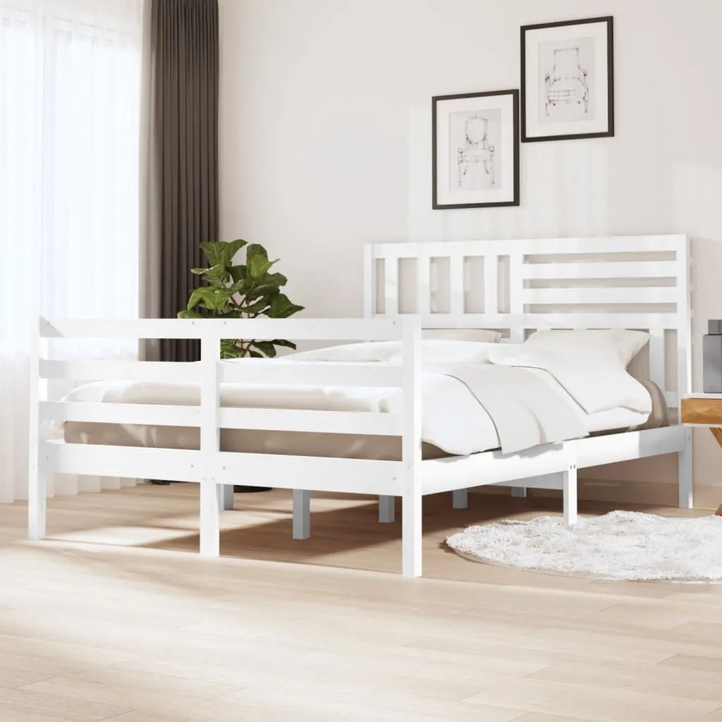 3101094 vidaXL Cadru pat 5FT King Size, alb, 150x200 cm, lemn masiv