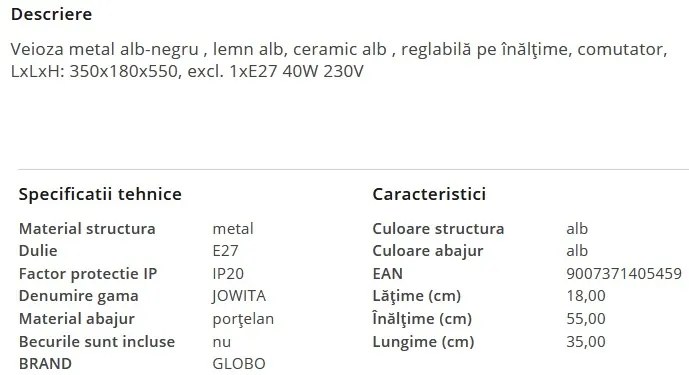 Veioza stil industrial JOWITA alb-negru