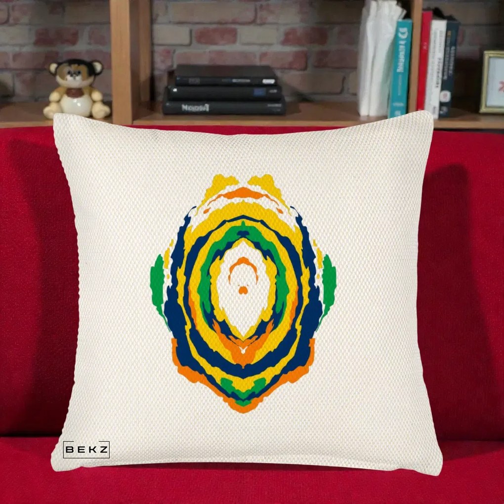 Perna Decorativa Oval Abstract Multicolor, 40x40 cm, Crem Reliefat, Husa Detasabila, Perna Inclusa, BEKZ®