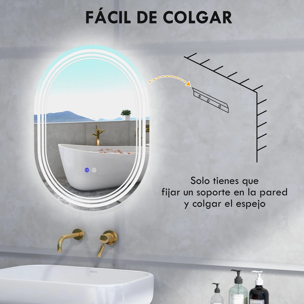 kleankin Oglindă Baie cu Lumină 70x50 cm 3 Culori de Lumină, Funcție Anti-abur, Funcție de Memorie, IP44, Orizontal/Vertical | Aosom Romania