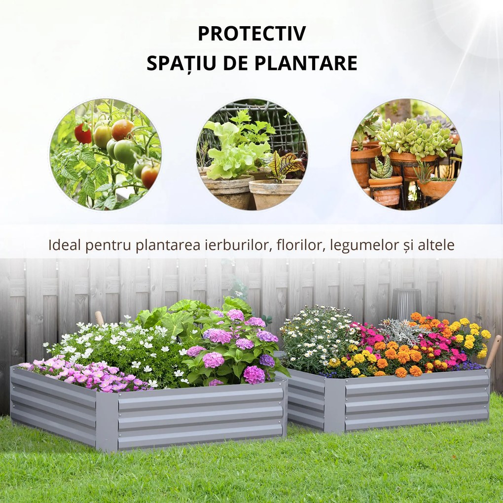 Outsunny Set de 2 Paturi pentru Legume Înălțate, Jardiniere din Metal pentru Plante, Legume, Arbusti, 100x100x30cm, Gri | Aosom Romania