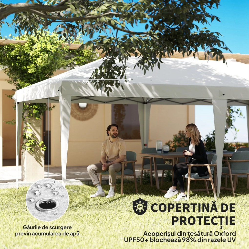 Outsunny Cort 6x3 m pliabil din otel si material Oxford, cort pentru gradina cu 6 pereti laterali, franghii si carlige, alb