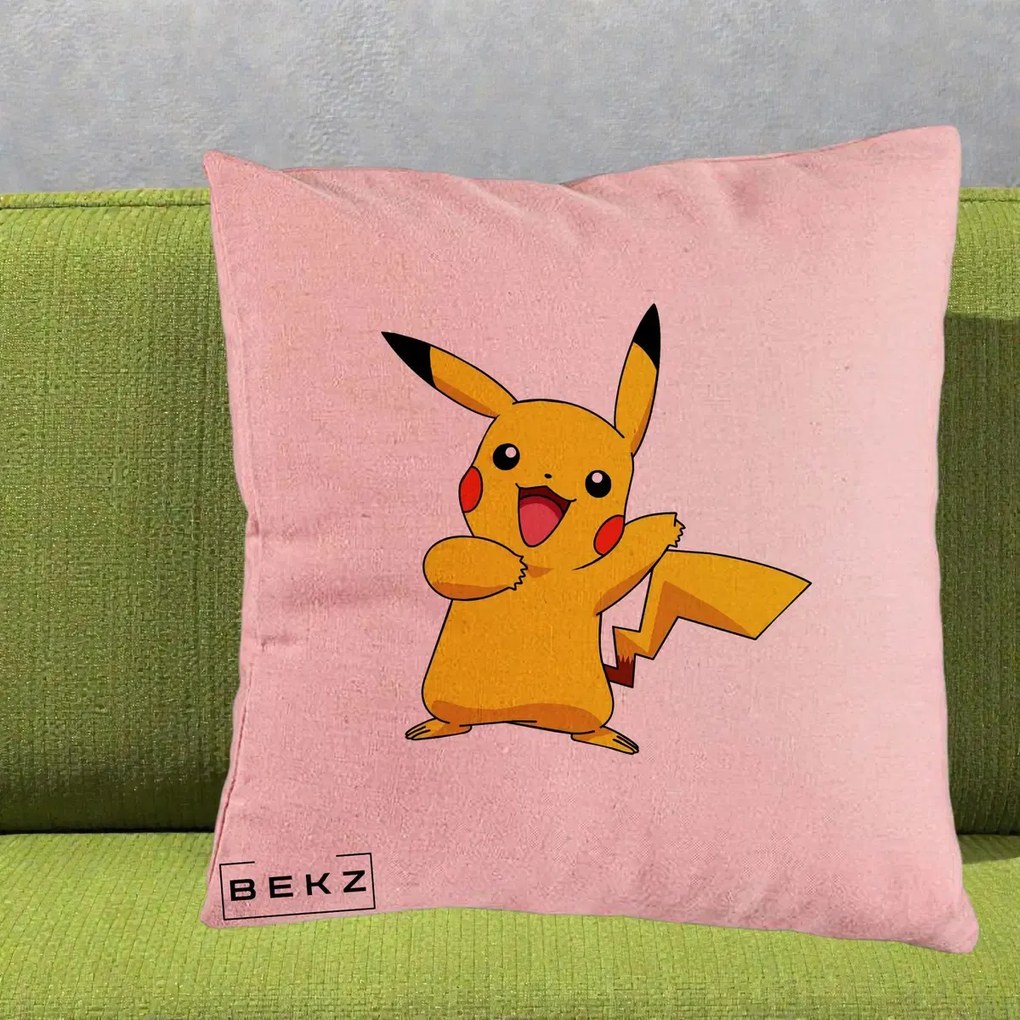 Perna Personalizata Pikachu Fericit, 40x40 cm, Roz, Husa Detasabila, Perna Inclusa, BEKZ®