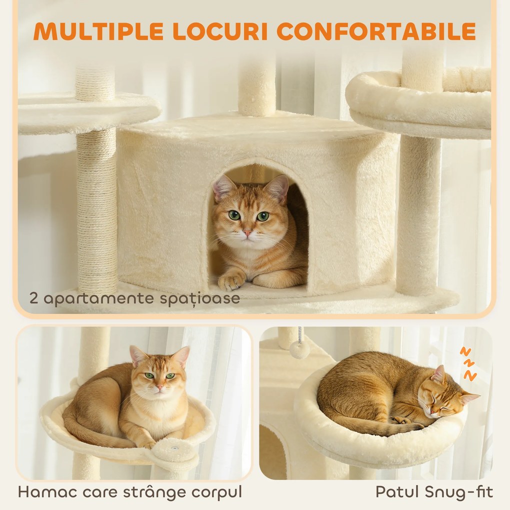 PawHut Ansablu de joacă pentru pisici, 2 căsuțe, 2 paturi și hamac, 200cm, bej | Aosom Romania