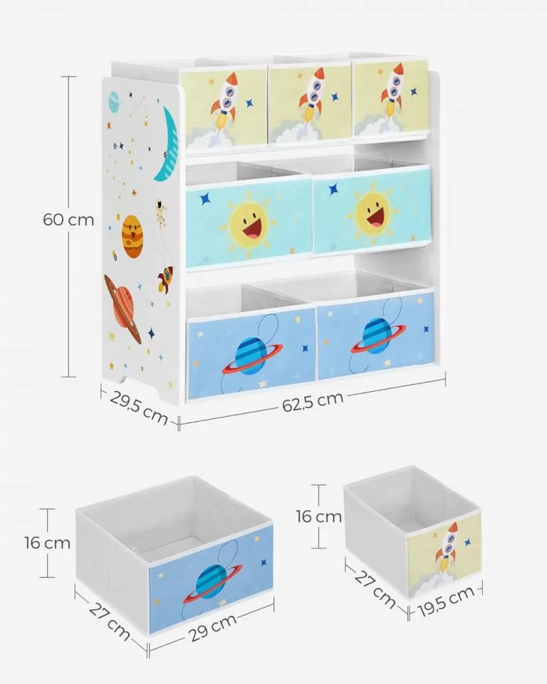 Organizator copii, 62,5 x 29,5 x 60 cm, MDF / textil, alb / albastru, Songmics