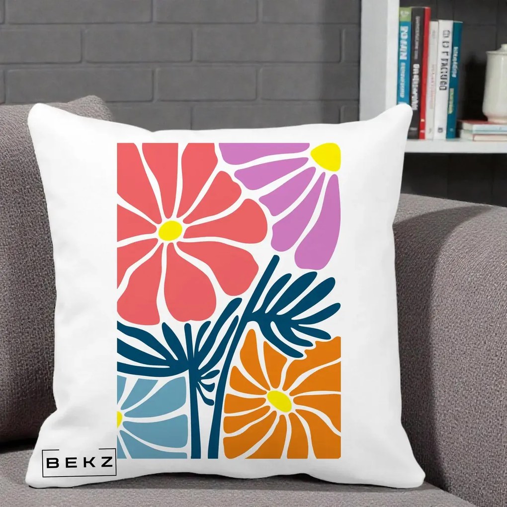 Perna Decorativa Flori Grafice Roz-Orange-Albastru, 40x40 cm, Alba Mata, Husa Detasabila, Perna Inclusa, BEKZ®