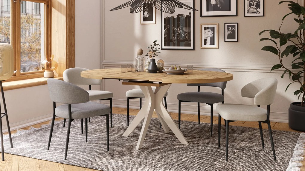 Mazzoni RENZO Stejar Artisan/picior bej (șampanie) - MASĂ ROTUNDĂ Ø110 EXTENSIBILĂ PÂNĂ LA 180 cm | PENTRU BUCĂTĂRIE SUFRAGERIE LIVING