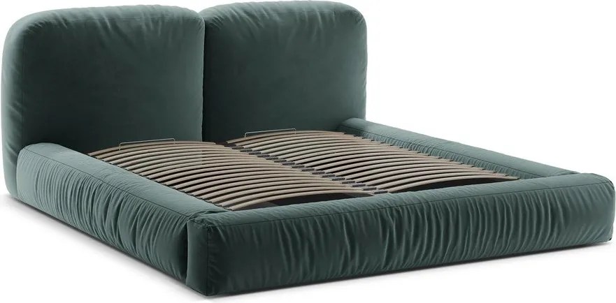 Pat matrimonial petrol tapițat cu spațiu de depozitare cu somieră 200x200 cm Martina – Micadoni