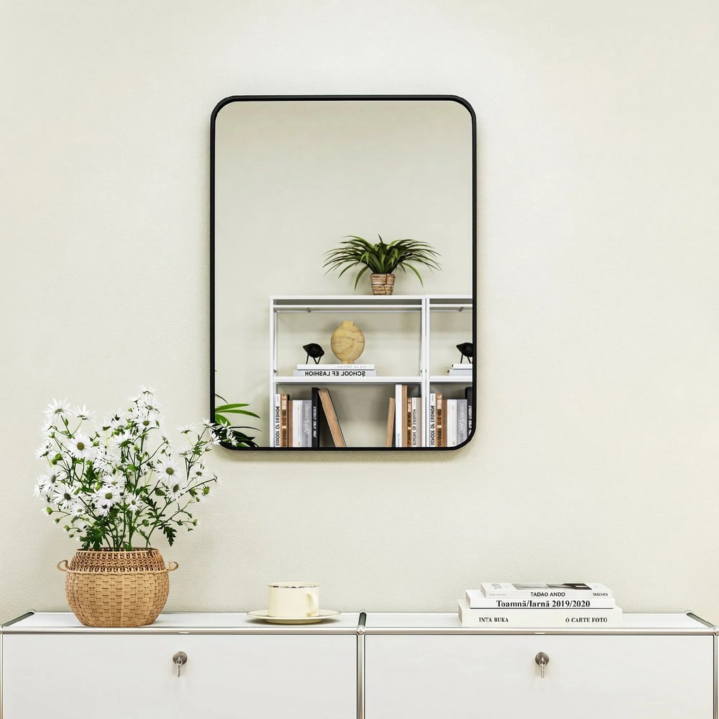 HOMCOM Oglindă de Baie 60 x 80 cm Oglindă Decorativă de Perete cu Ramă Metalică și Cârlig Ușor de Agățat pentru Sufragerie, Hol, Intrare - Negru | Aosom Romania