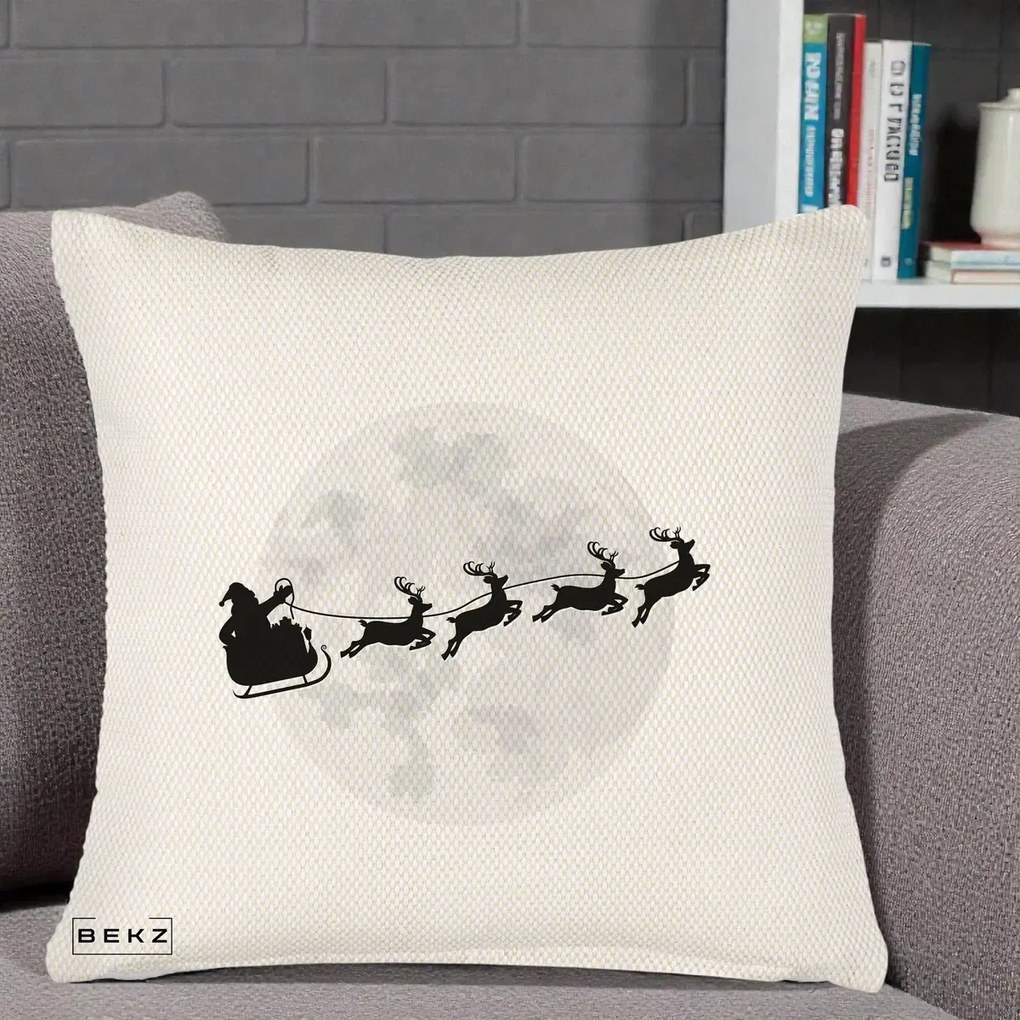 Perna Decorativa Mos Craciun Sanie Luna, 40x40 cm, Crem Reliefat, Husa Detasabila, Perna Inclusa, BEKZ®