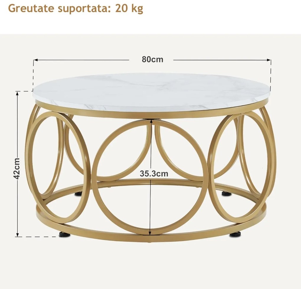 MCAU201 - Masuta de cafea, 80 cm, picioare metalice, Alb imitatie Marmura - Auriu