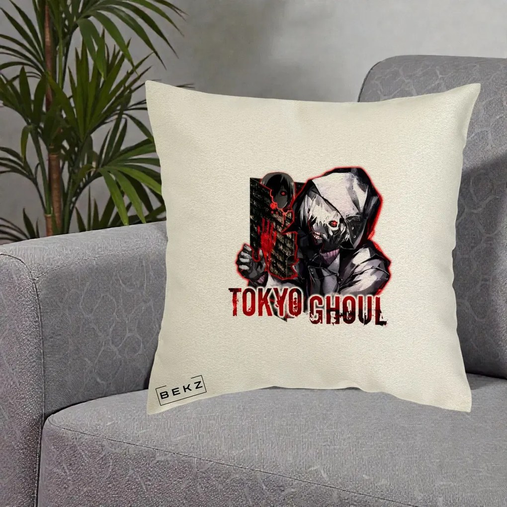 Perna Personalizata Tokyo Ghoul Ken Kaneki Anime, 40x40 cm, Ecru, Husa Detasabila, Perna Inclusa, BEKZ®