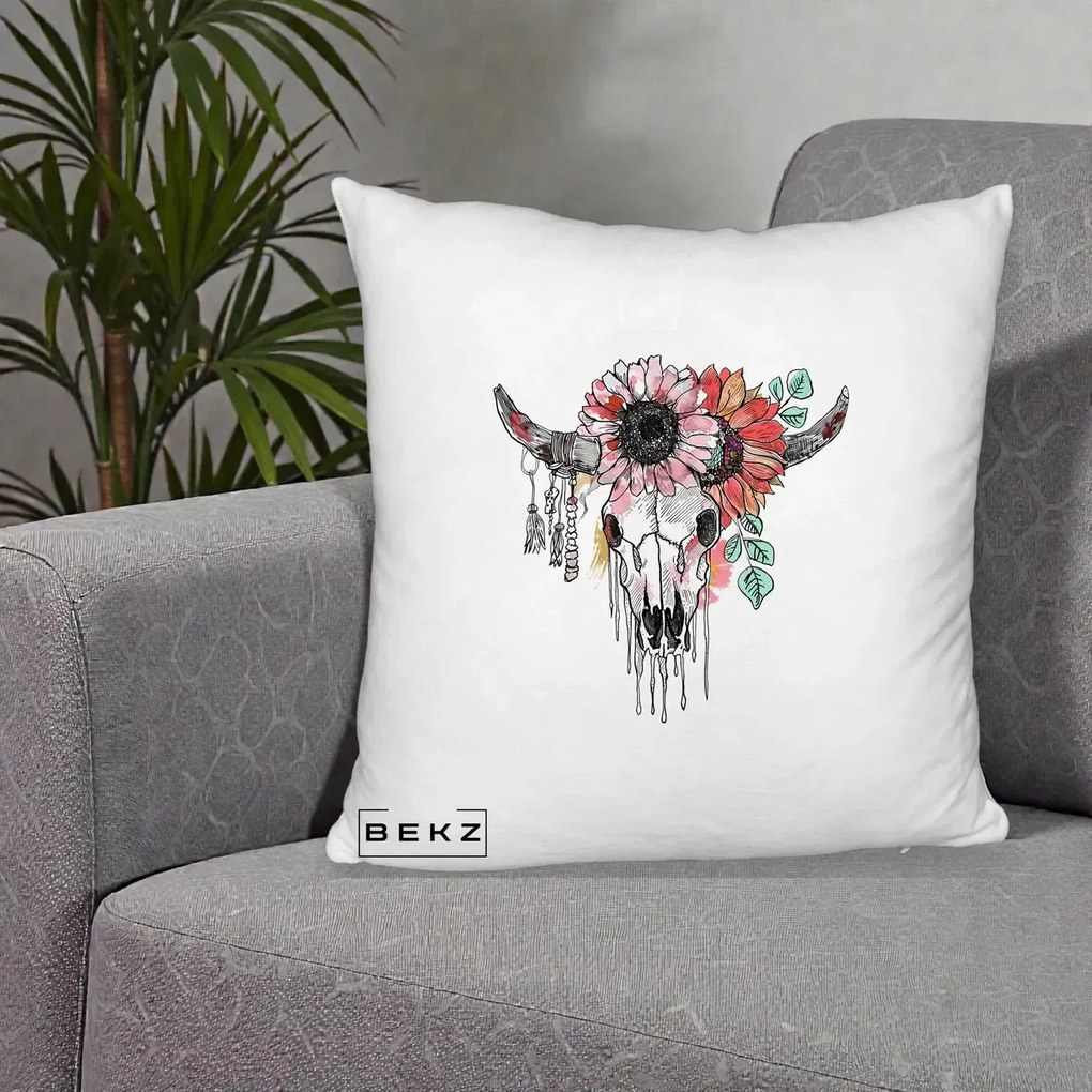 Perna Decorativa Craniu Boho Floral, 40x40 cm, Alb Pufos, Husa Detasabila, Perna Inclusa, BEKZ®