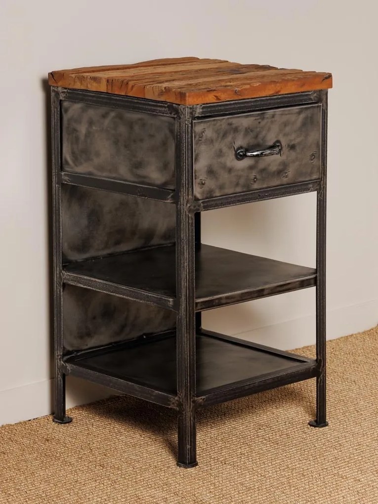 Noptiera din metal si lemn reciclat, cu sertar si 2 rafturi, aspect vintage, Oregon