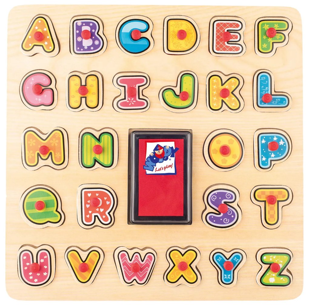 Puzzle din lemn cu butoni - Alfabet cu stampile si tusiera