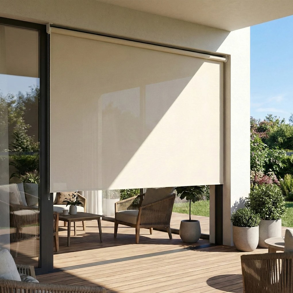 Outsunny Roletă exterioară rulou 2,4 x 1,6 m roletă opacă verticală protecție vizuală retractabilă impermeabilă, anti-UV30+, crem | Aosom Romania