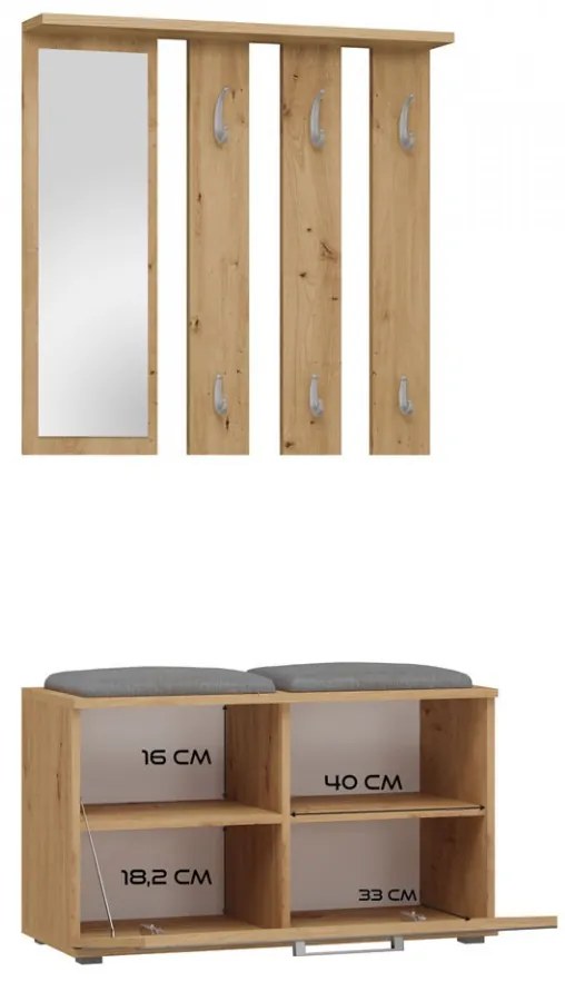CUI501 - Cuier 85 cm, 6 agatatori haine, hol, lada pantofi, pantofar cu oglinda - Alb / Culoarea Stejar / Sonoma