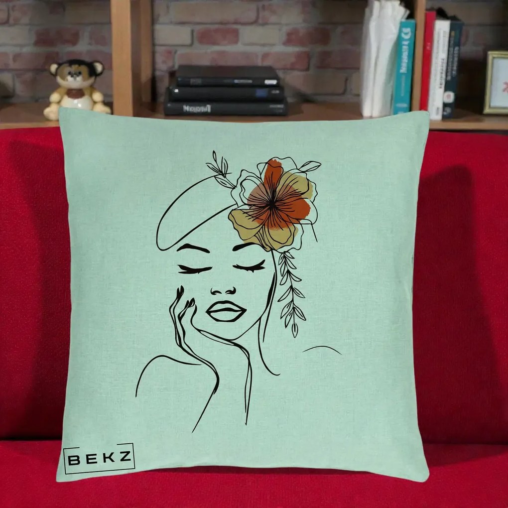 Perna Decorativa Portret Feminin Flori Palarie, 40x40 cm, Verde Menta, Husa Detasabila, Perna Inclusa, BEKZ®