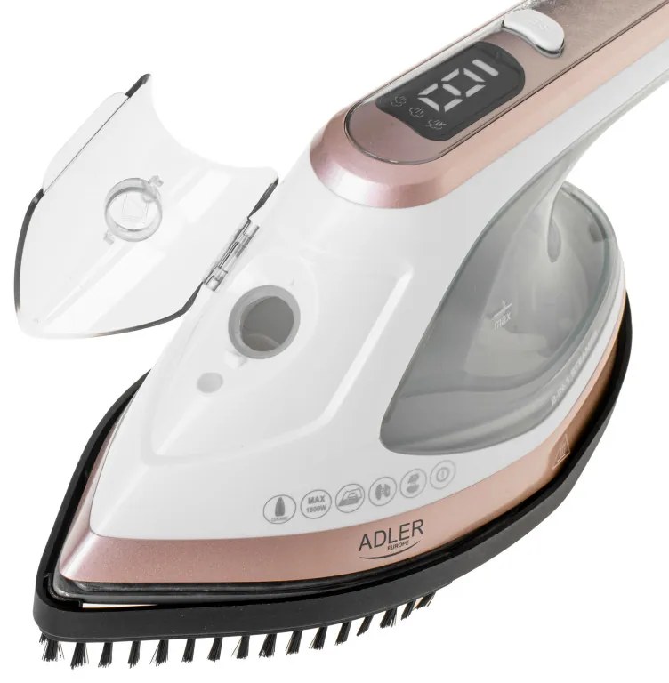 Fier de calcat cu aburi 2in1 Adler AD 5044, 1800W, 180ml, 25g/min, Placă ceramica, Afisaj LED, Calcare verticala si orizontală, Alb/Galben