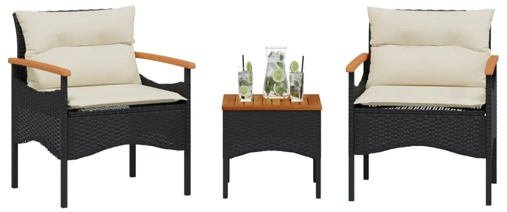 vidaXL Set mobilier de grădină cu perne, 3 piese, negru, poliratan