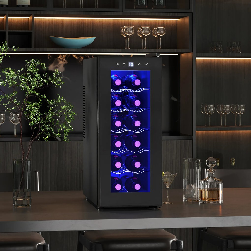 HOMCOM Frigider Termoelectric Dublu pentru 12 Sticle de Vin cu Ușă de Sticlă și Lumină LED, 26,5x51,5x65 cm, Negru | Aosom Romania