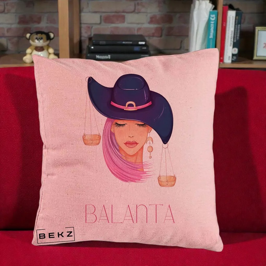 Perna Personalizata Zodiac Balanta Cowgirl, 40x40 cm, Roz, Husa Detasabila, Perna Inclusa, BEKZ®