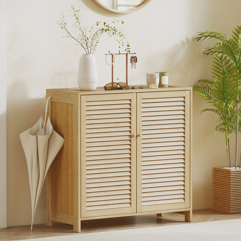 HOMCOM Dulap pentru pantofi din bambus 14 perechi, dulap de pantofi cu uși cu obloane și rafturi reglabile, lemn natural | Aosom Romania