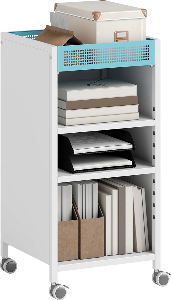 HOMCOM Bibliotecă mobilă cu rafturi reglabile, 3-stufiger Rollwagen mit oberem Korb, Weiß | Aosom Romania