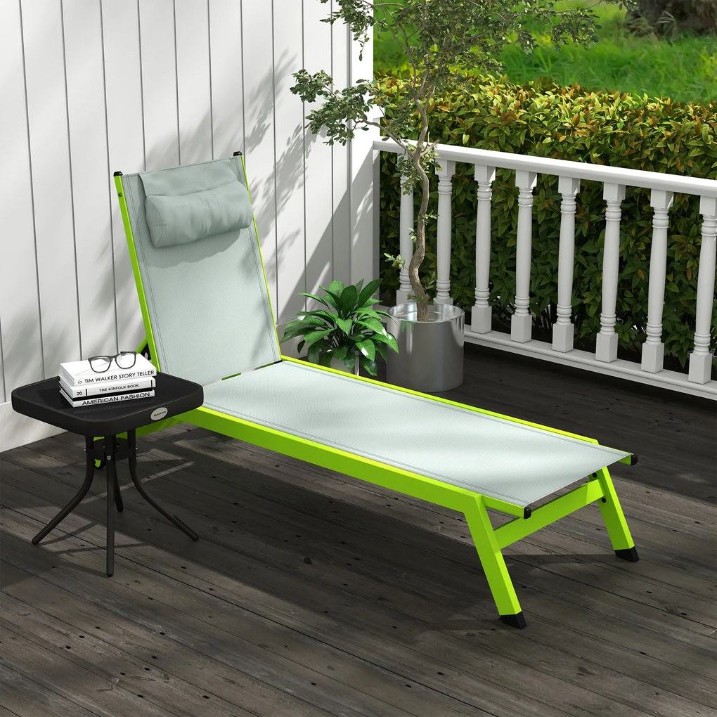 Outsunny Șezlong de plajă transat din aluminiu și textilene cu roți și pernă pentru cap și spătar reglabil verde | Aosom Romania