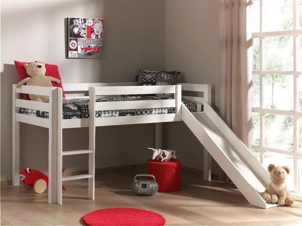 Pat înălțat copii VIPACK Pino cu tobogan, 90 x 200 cm, alb, înălțime 115 cm