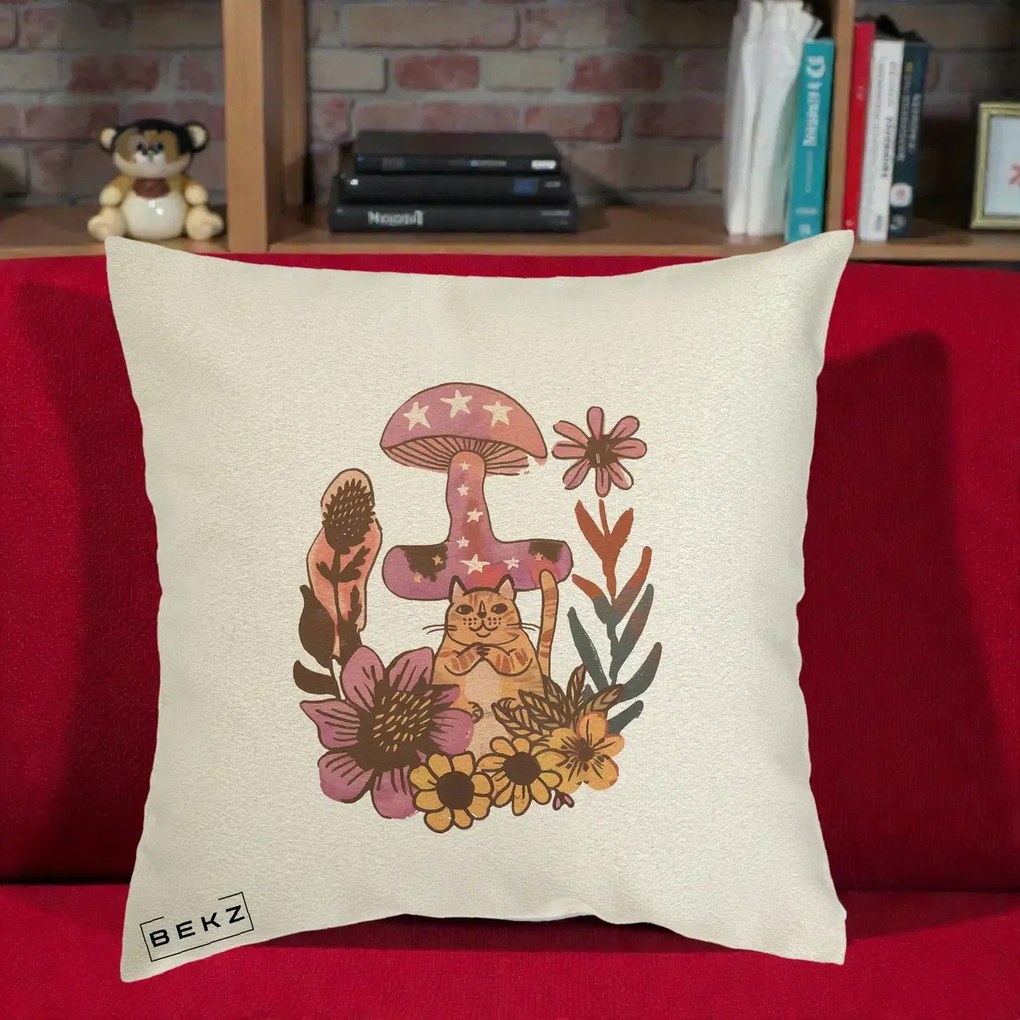 Perna Decorativa Ciuperca Pisica Boho, 40x40 cm, Ecru, Husa Detasabila, Perna Inclusa, BEKZ®