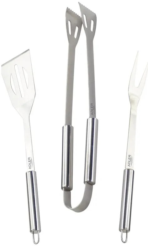 Set ustensile pentru gratar Adler AD 6729, 4 piese, Otel inoxidabil, Carcasa din aluminiu, Orificii de agatare, Argintiu