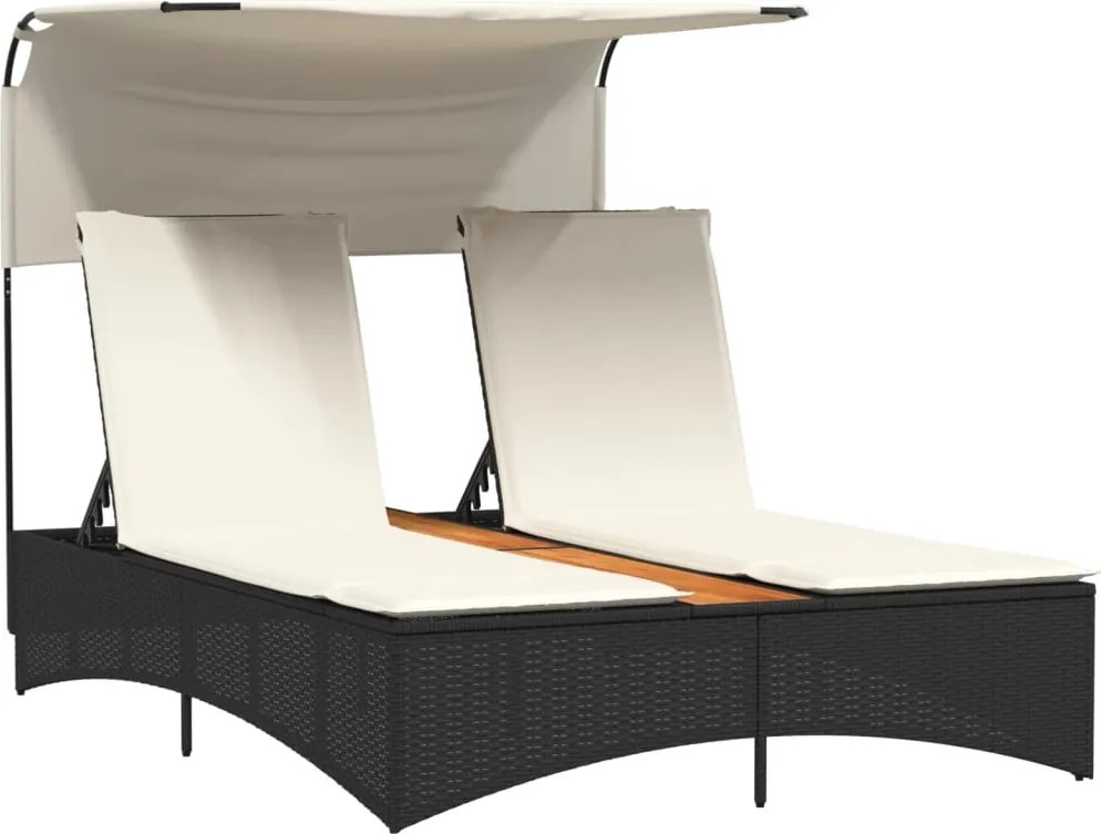 vidaXL Șezlong dublu cu baldachin și perne, negru, poliratan