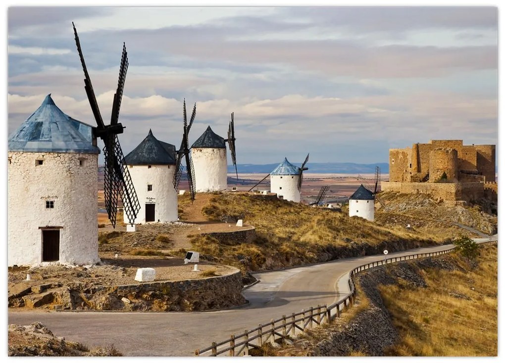 Tablou pe sticlă - Morile de vânt din Consuegra, Spania (70x50 cm)