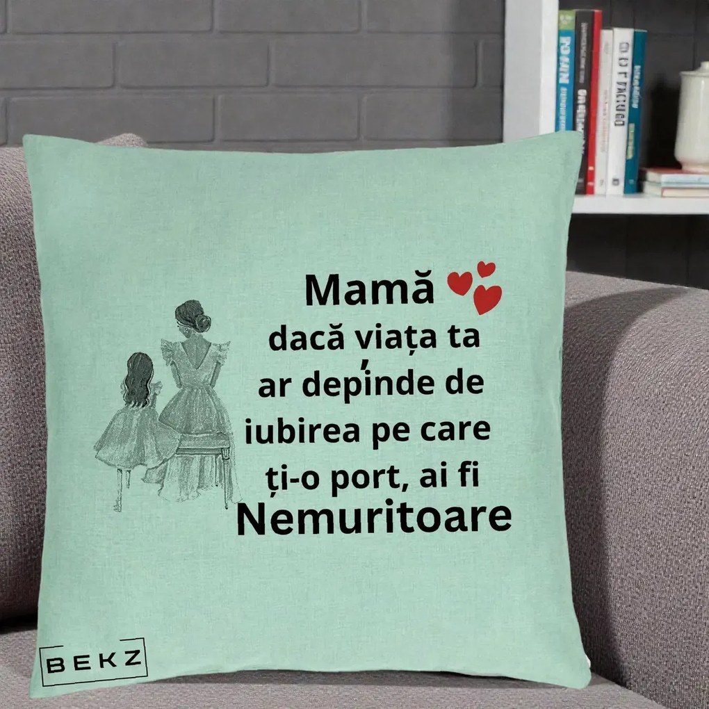 Cadou pentru Mama - Perna Personalizata Mama Nemuritoare Line Art, 40x40 cm, Verde Menta, Husa Detasabila, Perna Inclusa, BEKZ®