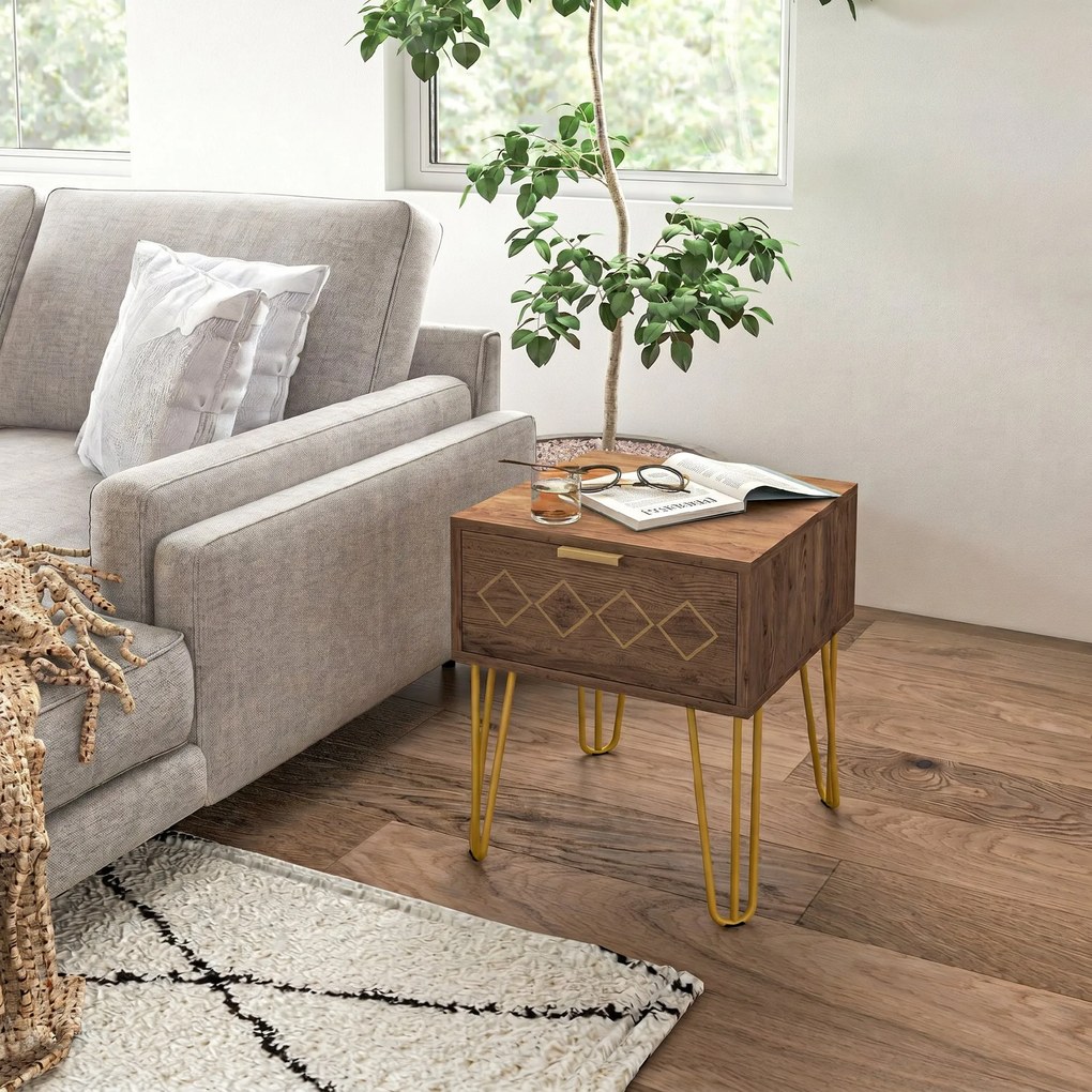 HOMCOM Noptiere Moderne Set 2 Bucati din PAL si Otel cu Sertar, 39.5x41x49 cm, Maro | Aosom Romania