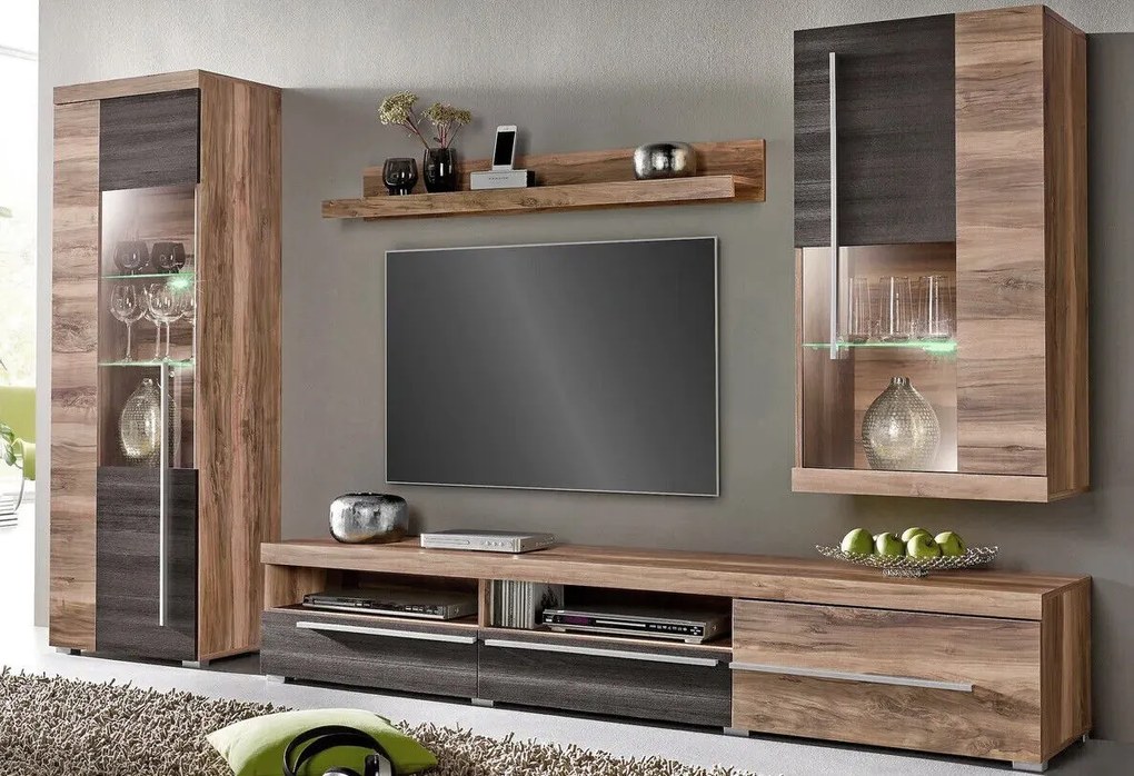 Set camera de zi Austin AD105Nuca, Stejar inchis, Cu comodă TV, Părți separate, Sticlă, PAL laminat, 160x40cm
