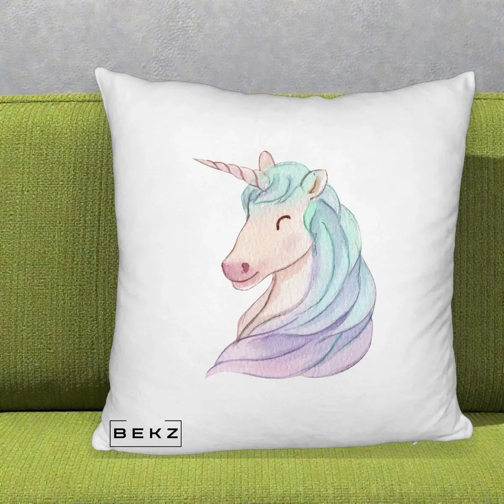 Perna Decorativa Unicorn Acuarela Pastel, 40x40 cm, Alb Pufos, Husa Detasabila, Perna Inclusa, BEKZ®