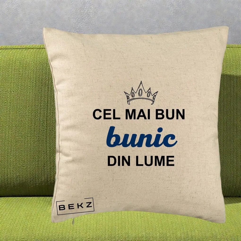 Cadou pentru Bunic - Perna Personalizata Cel Mai Bun Bunic Din Lume Coroana Albastra, 40x40 cm, Bej, Husa Detasabila, Perna Inclusa, BEKZ®