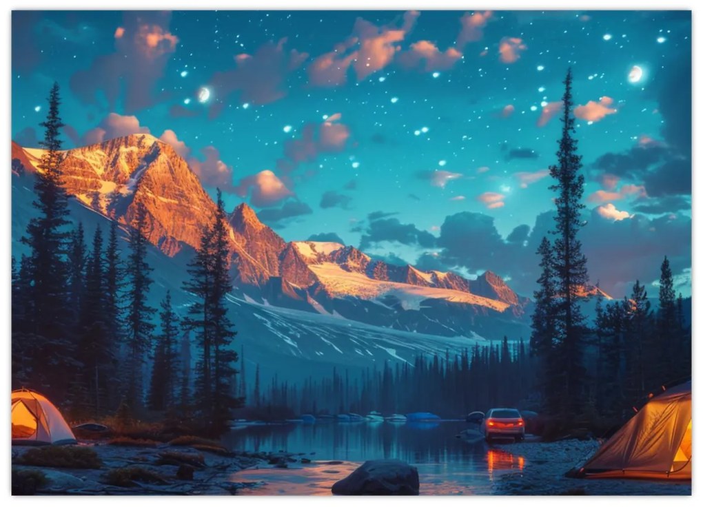 Tablou pe sticlă - Camping în munți (70x50 cm)