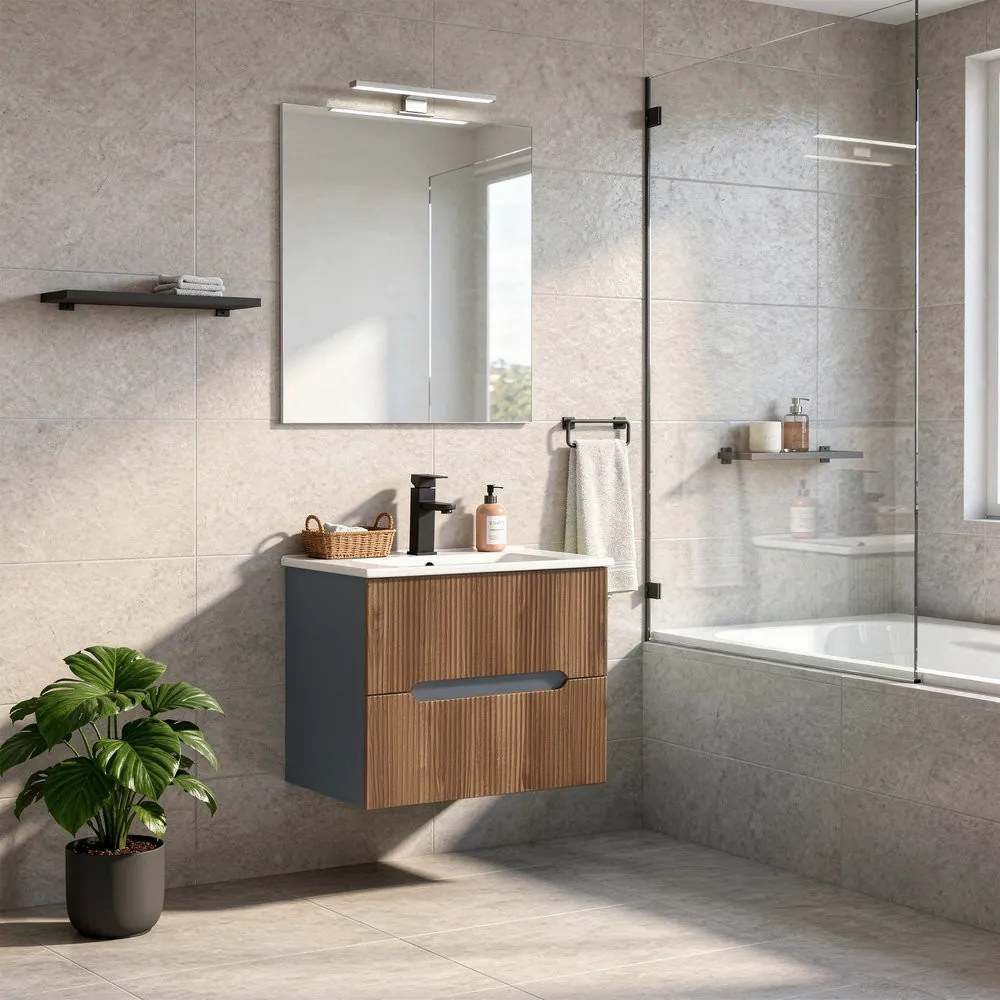 Trent mobilier de baie 60 cm chiuvetă ceramică (2 sertare) cu oglindă 60x80 cm gri antracit - stejar apus de soare