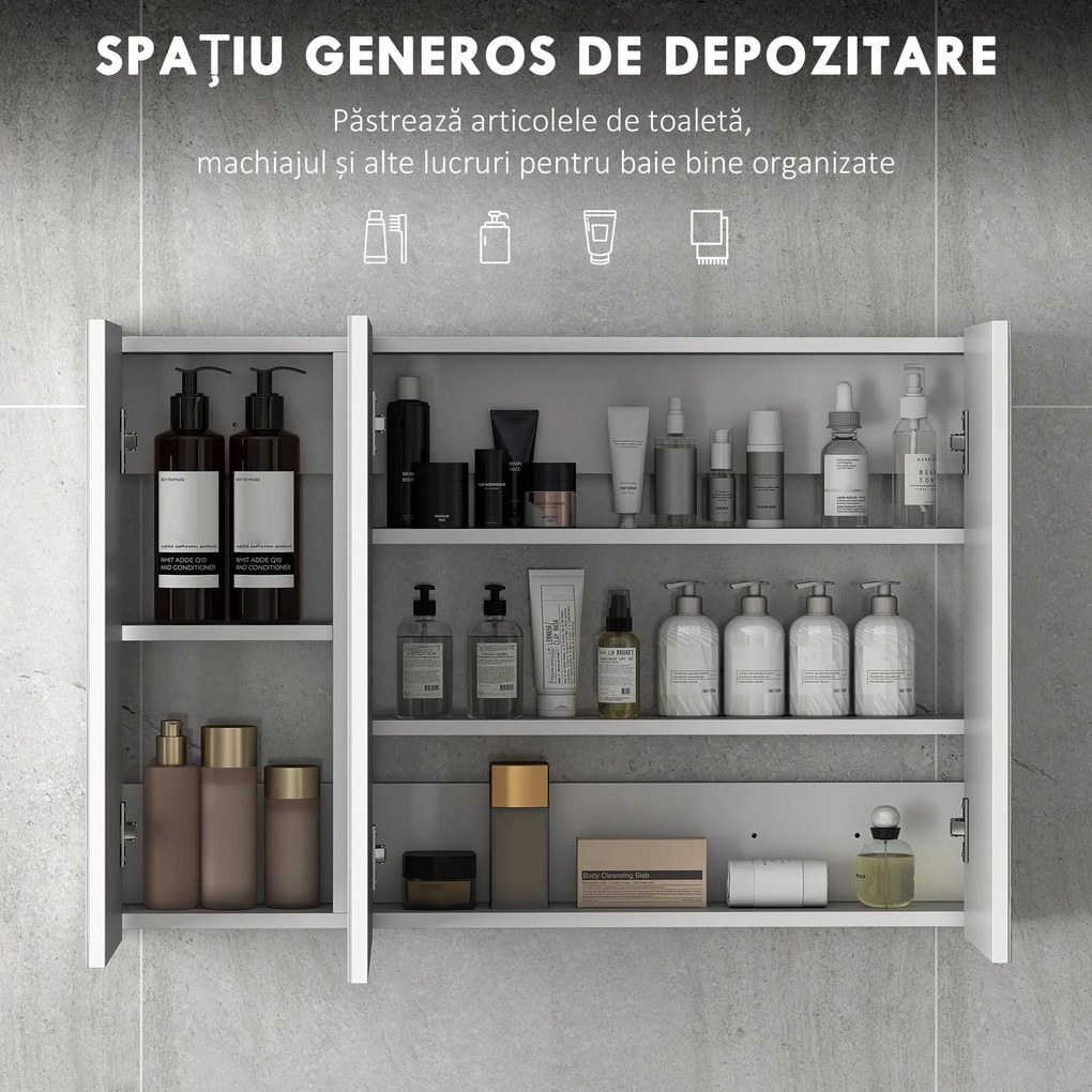 kleankin Dulap de Baie Suspendat cu Oglindă cu 3 Uși, Alb | Aosom Romania
