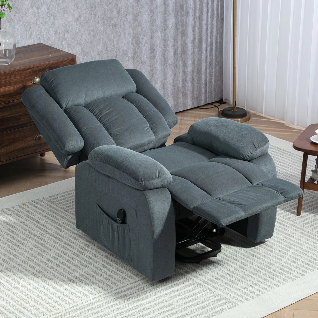 HOMCOM Fotoliu cu ajutor la ridicare din material textil moale, Fotoliu recliner cu telecomandă și buzunare laterale, Gri | Aosom Romania