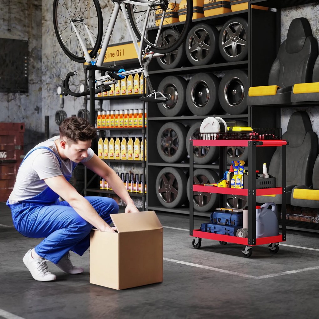 HOMCOM Cărucior Porta Unelte cu 3 Rafturi din Metal și PP, 70.5x35x82.5 cm, Roșu și Negru | Aosom Romania