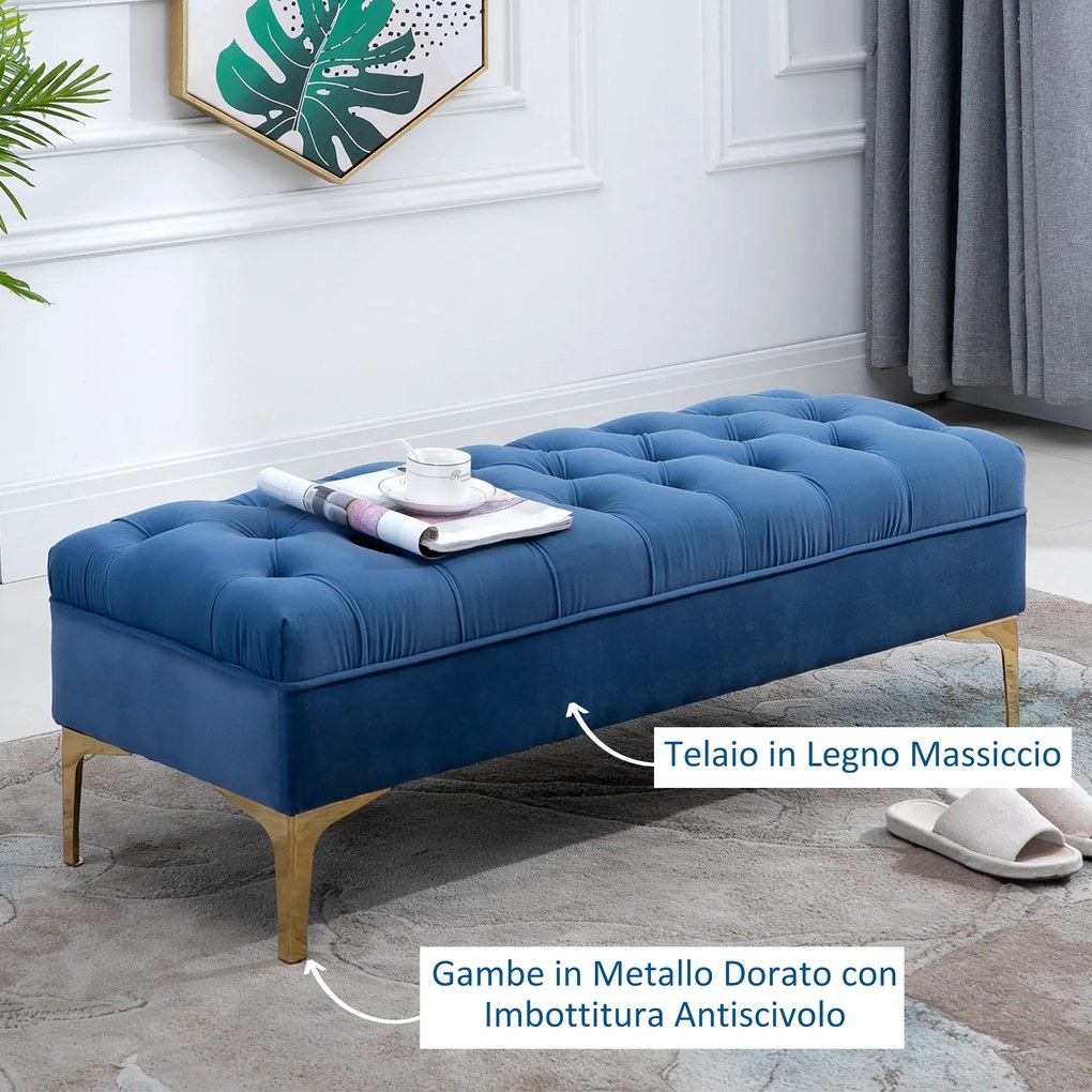 HOMCOM Bancă Hol, Bancă la Capătul Patului din Catifea Albastru Închis, Design Modern cu Picioare Metalice Aurii, 118x45x42cm | Aosom Romania