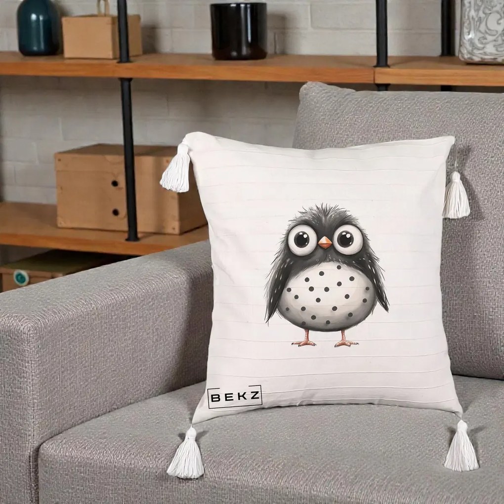 Perna Decorativa Bufnita Neagra cu Buline Albe, 40x40 cm, Bej cu Franjuri, Husa Detasabila, Perna Inclusa, BEKZ®