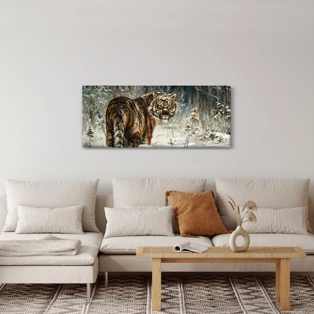 Tablou - Tigru într-o pădure înzăpezită, pictură în ulei (120x50 cm)